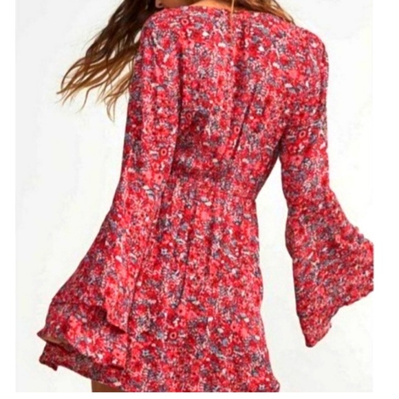 Billabong Bell Sleeve Mini Dress, L, Red floral - Picture 2 of 5